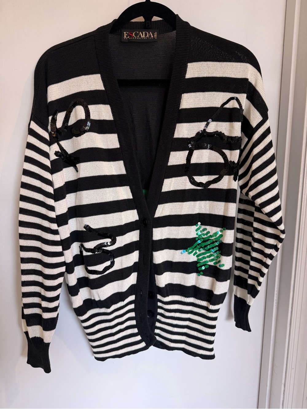 Escada Black & White Striped Embellished Cardigan with Green Sequin Accent